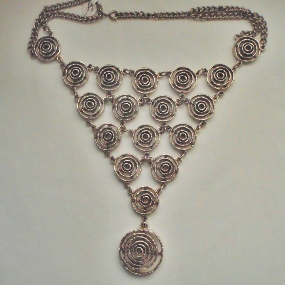 VTG MODERNIST BRUTALIST BOHO SCANDI STYLE BIB NECKLACE CIRCLES CHAIN SILVER TONE